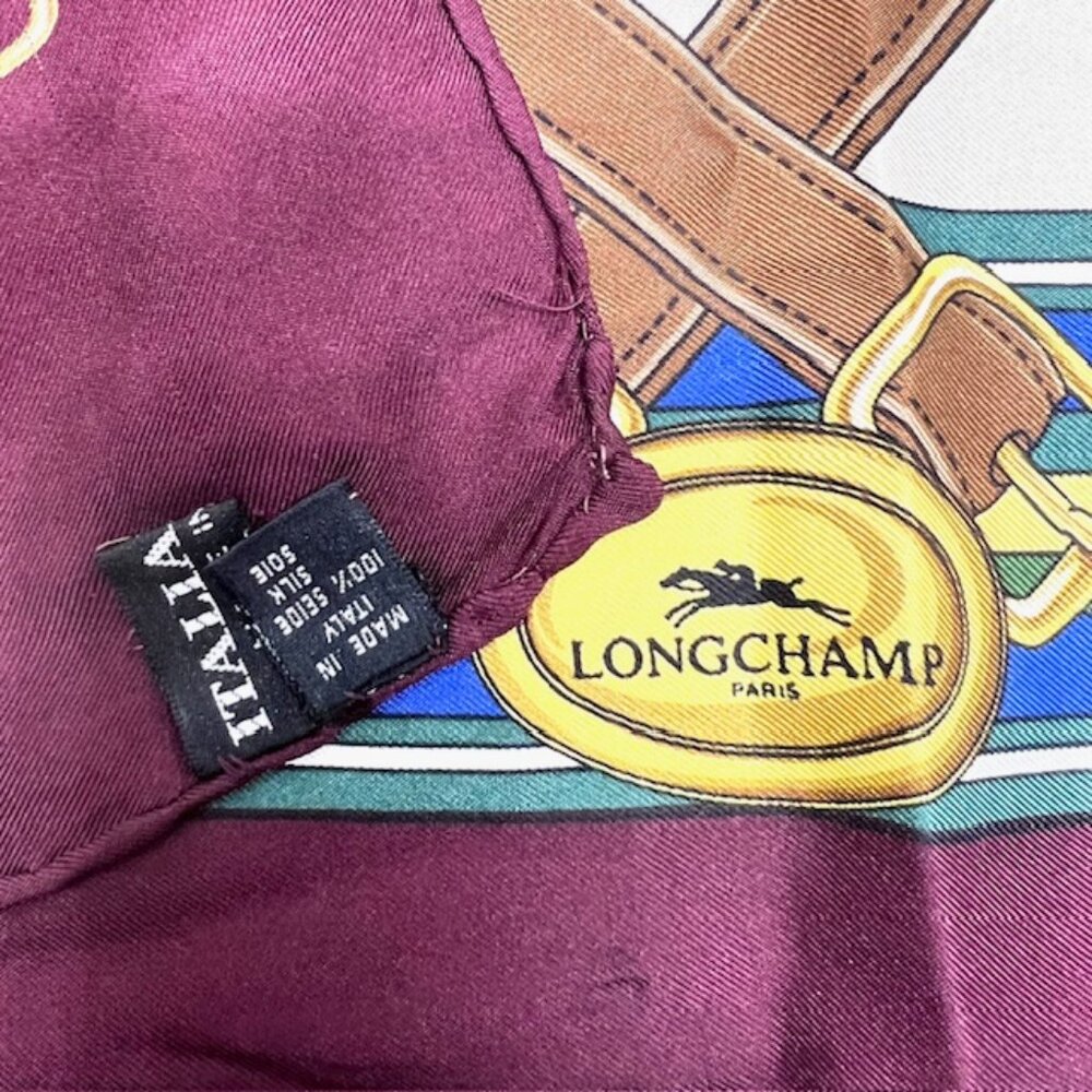 Vgt Longchamp Paris 100% Silk Satin Scarf, ivery navy blue burgend bow logo(2) - Picture 12 of 12